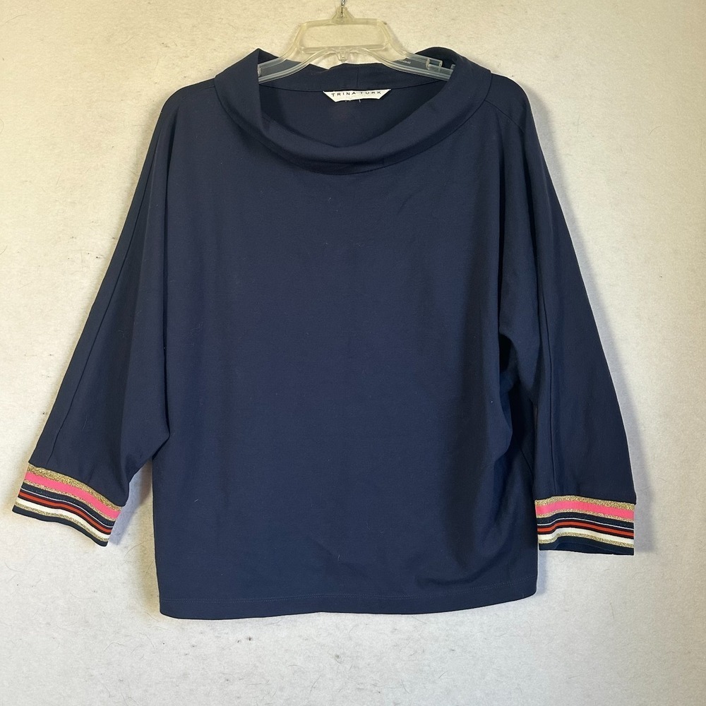 Trina‎ Turk shirt top sz M Navy Blue stripes around cuff 3/4 sleeve nautical